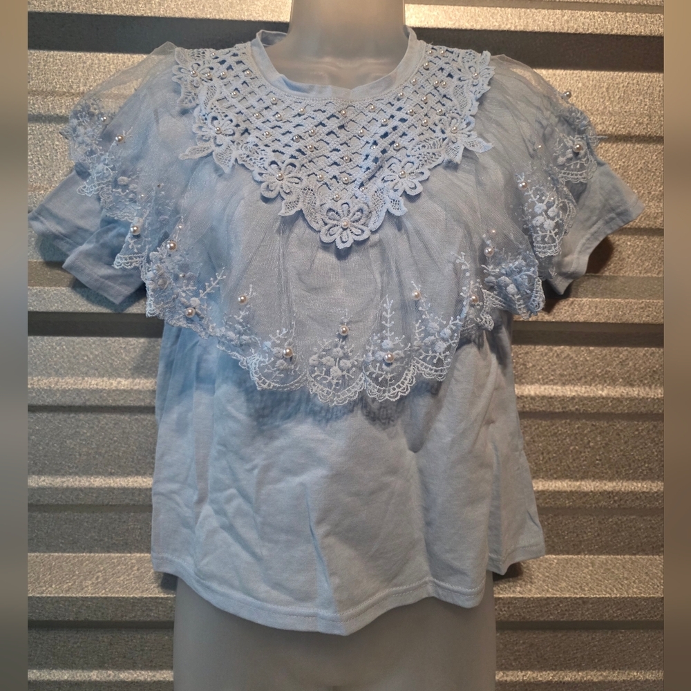 Elegant Lace Trim Blue Women's Top - Picture 4 of 4